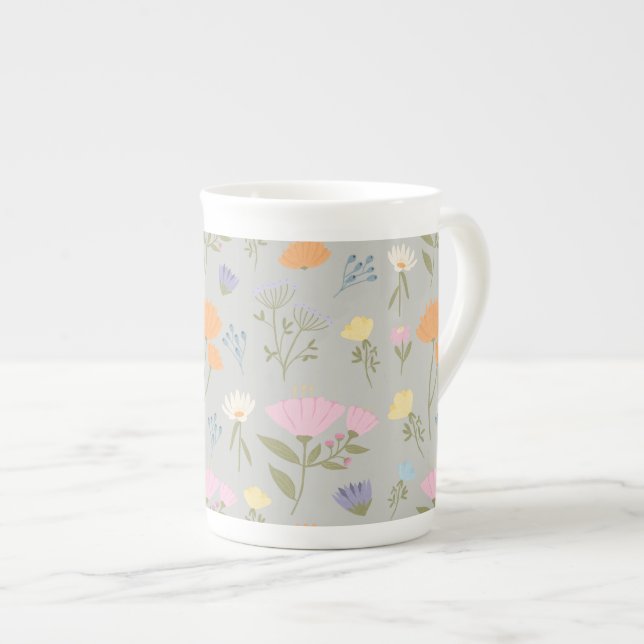 Colourful meadow on grey bone china mug (Front Right)