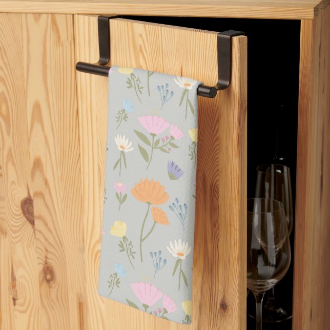 Colourful meadow on grey tea towel (Thirds Fold)