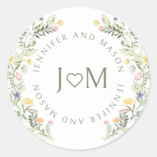 Colourful Meadow Wild Flower Wedding Monogram Classic Round Sticker
