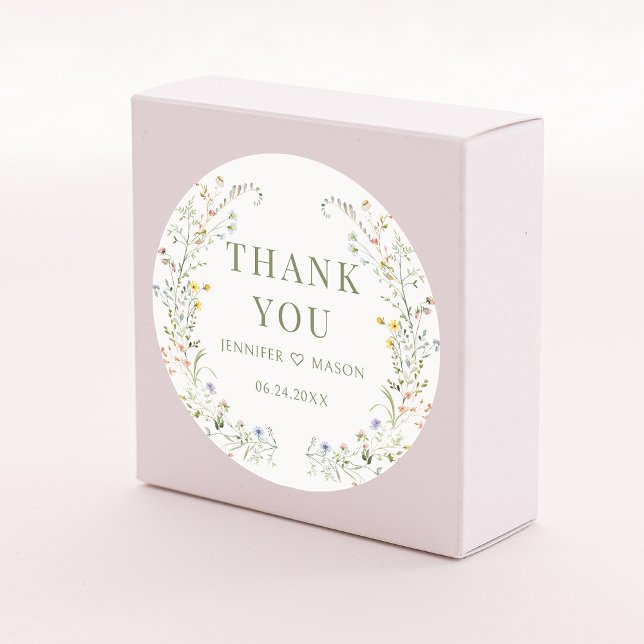 Colourful Meadow Wild Flower Wedding Thank You Classic Round Sticker (Creator Uploaded)