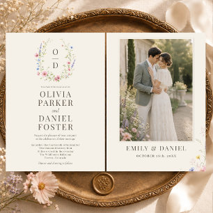 Colourful Meadow Wildflower Monogram Photo Wedding Invitation