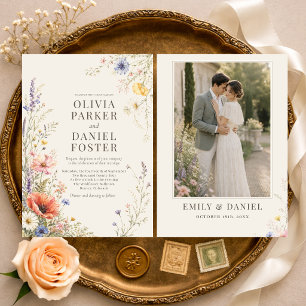 Colourful Meadow Wildflower Photo Boho Wedding Invitation