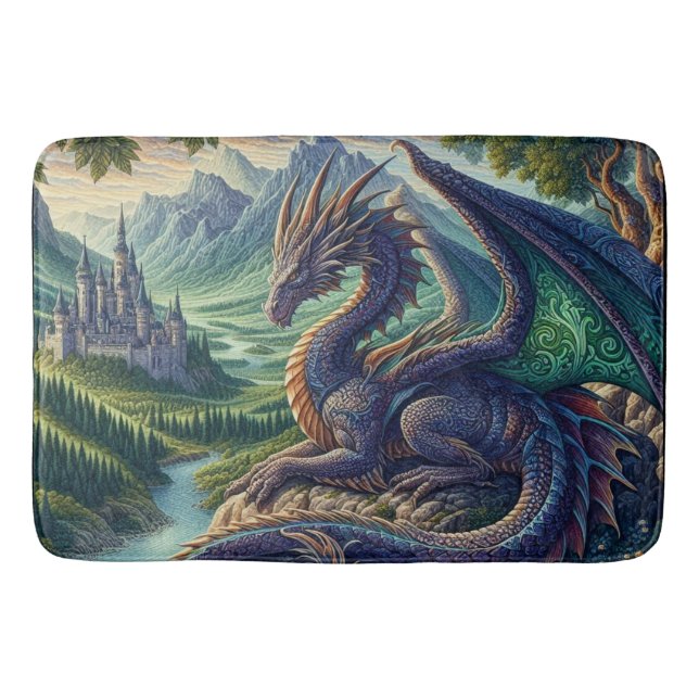 Colourful, Mediaeval Dragon castle Bath Mat (Front)