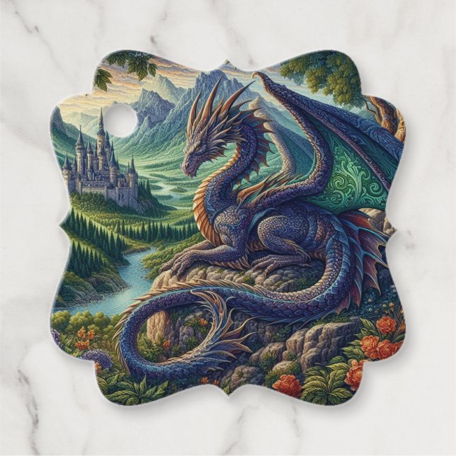 Colourful, Mediaeval Dragon castle Favour Tags (Front)