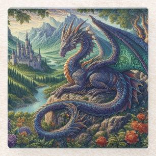 Colourful, Mediaeval Dragon castle Glass Coaster