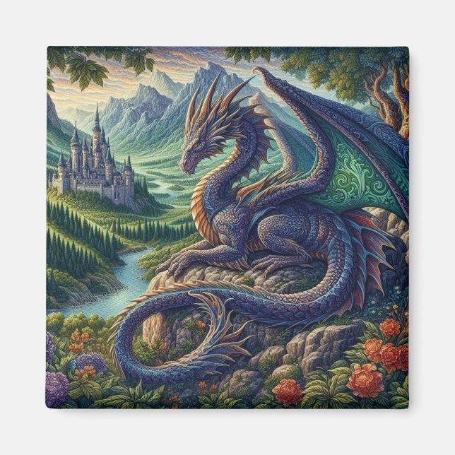 Colourful, Mediaeval Dragon castle Magnet (Front)