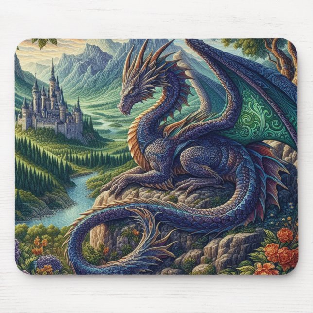 Colourful, Mediaeval Dragon castle Mouse Mat (Front)