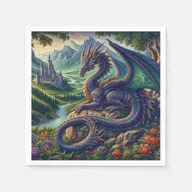 Colourful, Mediaeval Dragon castle Napkin (Front)