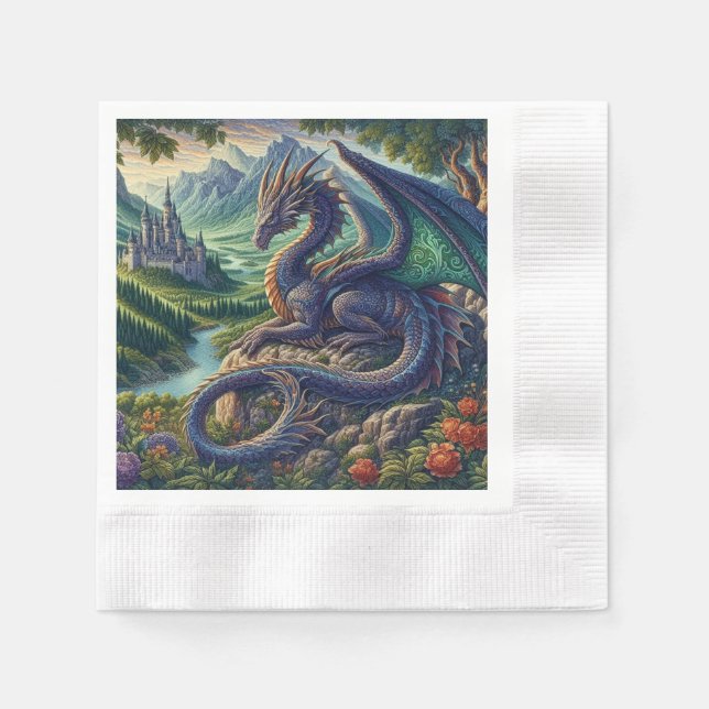 Colourful, Mediaeval Dragon castle Napkin (Front)