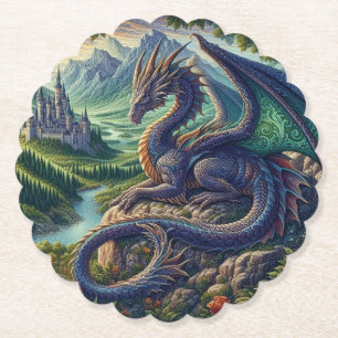 Colourful, Mediaeval Dragon castle Paper Coaster