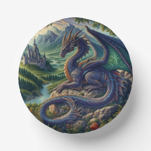 Colourful, Mediaeval Dragon castle Paper Plate