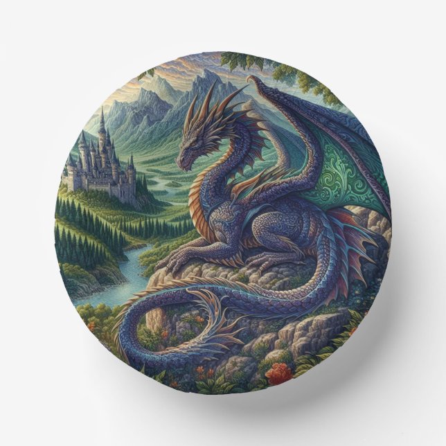 Colourful, Mediaeval Dragon castle Paper Plate (Front)