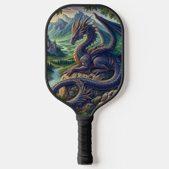 Colourful, Mediaeval Dragon castle Pickleball Paddle (Front)