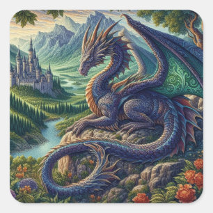 Colourful, Mediaeval Dragon castle Square Sticker