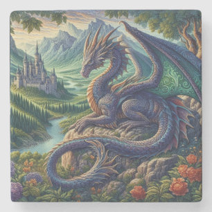 Colourful, Mediaeval Dragon castle Stone Coaster