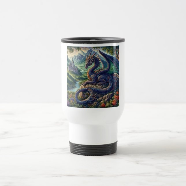 Colourful, Mediaeval Dragon castle Travel Mug (Center)