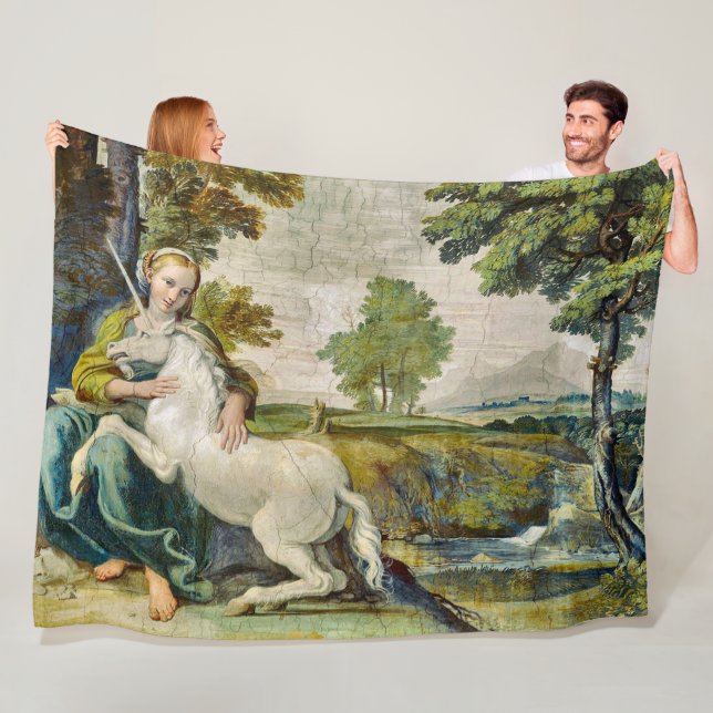 Colourful Mediaeval Unicorn Painting Satin Fleece Blanket (In Situ)