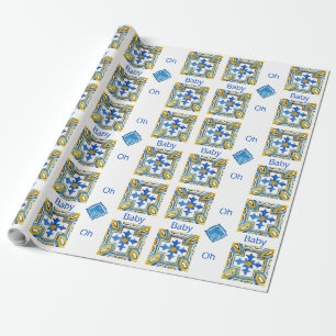 Colourful Mediterranean Blue Oh Baby Shower Wrapping Paper