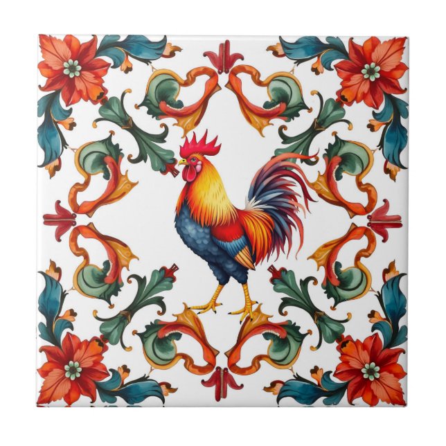 Colourful,Mediterranean,mosaic,rooster,bird, Tile (Front)