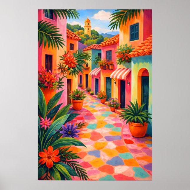 Colourful Mediterranean Street Poster, Vibrant Poster (Front)