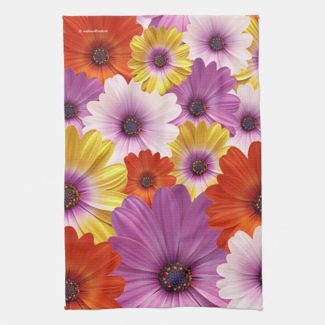 Colourful Medley of African Daisies Flowers Tea Towel (Vertical)