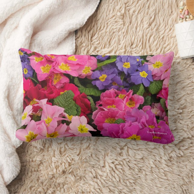 Colourful Medley Pink Blue Purple Primula Flowers Lumbar Cushion (Blanket)