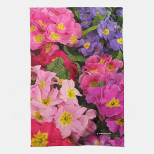 Colourful Medley Pink Blue Purple Primula Flowers Tea Towel
