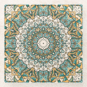 Colourful Mehndi Tile Seamless Tracery Glass Coaster