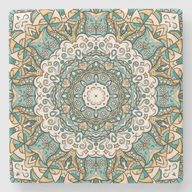 Colourful Mehndi Tile Seamless Tracery Stone Coaster (Front)