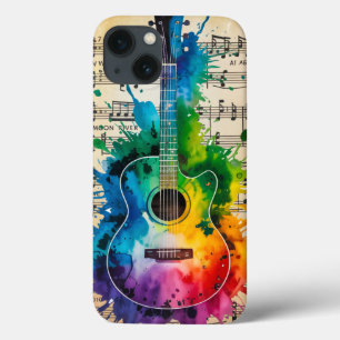 Colourful Melody: Painted Guitar on Vintage Music iPhone 13 Case