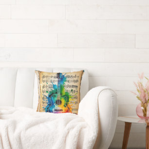 Colourful Melody: Painted Guitar on Vintage Music Cushion
