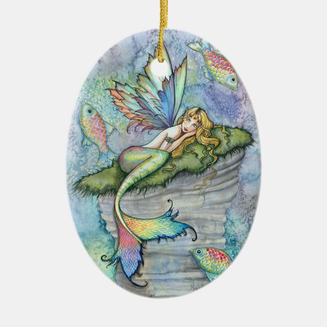 Colourful Mermaid and Carp Fish Fantasy Art Ceramic Tree Decoration (Front)
