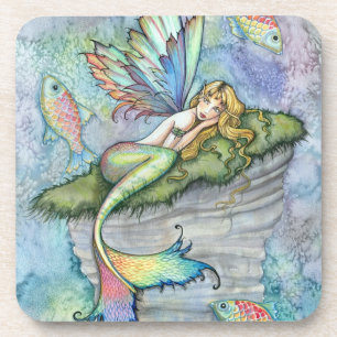 Colourful Mermaid and Carp Fish Fantasy Art Coaster