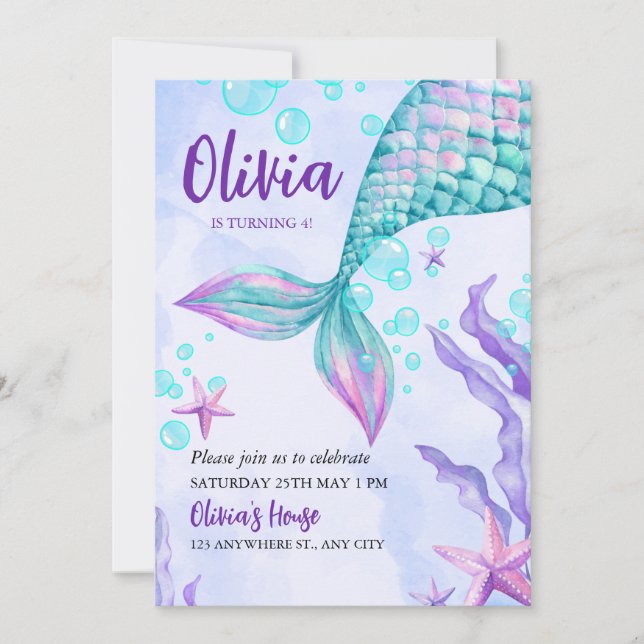 Colourful Mermaid Birthday Party Invitations  (Front)