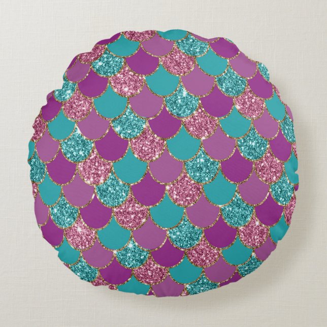 Colourful Mermaid Glitter Design Round Cushion (Front)