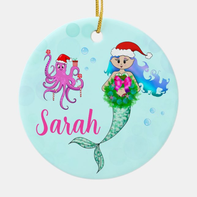 Colourful Mermaid & Octopus Christmas Wreath  Ceramic Tree Decoration (Front)