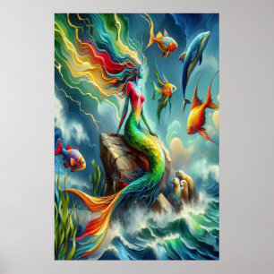 Colourful Mermaid Seated on Rocky Shore 24x36 Poster
