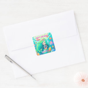 Colourful Mermaid Themed Happy Birthday Party Square Sticker