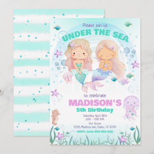 Colourful Mermaid Under the Sea Birthday  Invitation