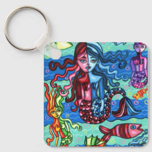 Colourful Mermaids Fish Abstract Original Painting Key Ring