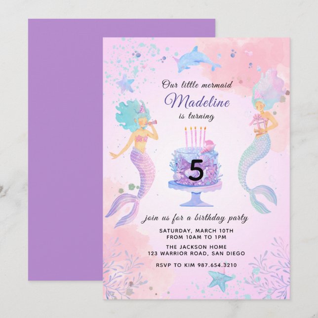 Colourful Mermaids Under The Sea Birthday Party Invitation (Front/Back)