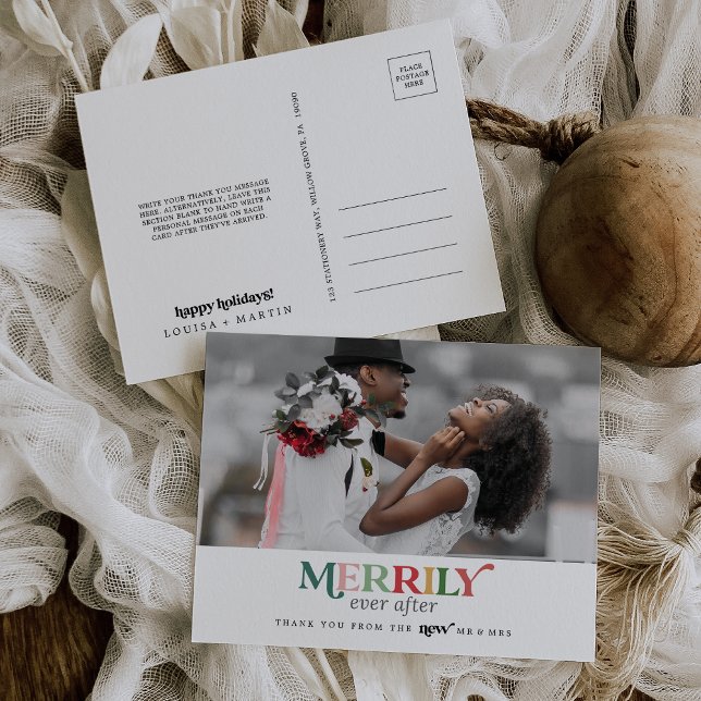 Colourful Merrily Ever After Newlywed Thank You Holiday Postcard (Creator Uploaded)