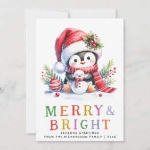 Colourful Merry and Bright Cute Penguin Christmas Holiday Card