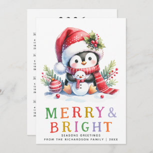 Colourful Merry and Bright Cute Penguin Christmas Holiday Card