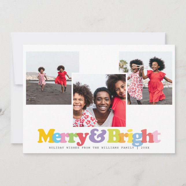 Colourful Merry And Bright Family 3 Photo Collage Holiday Card (Front)