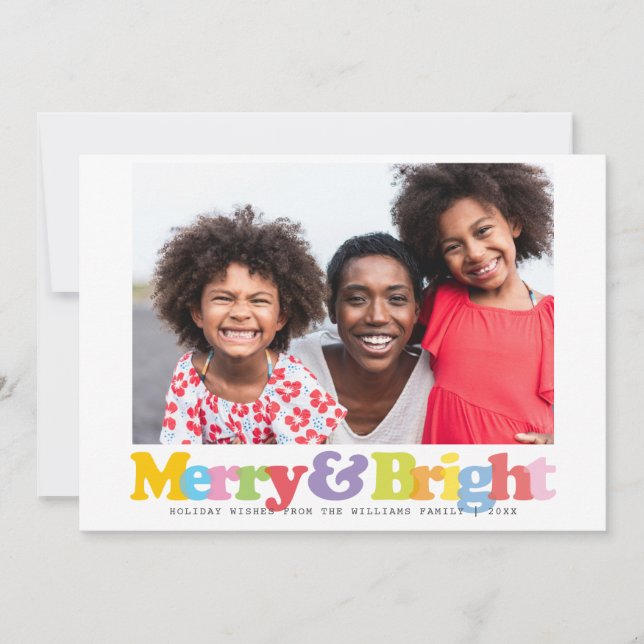 Colourful Merry And Bright Family Photo Christmas Holiday Card (Front)