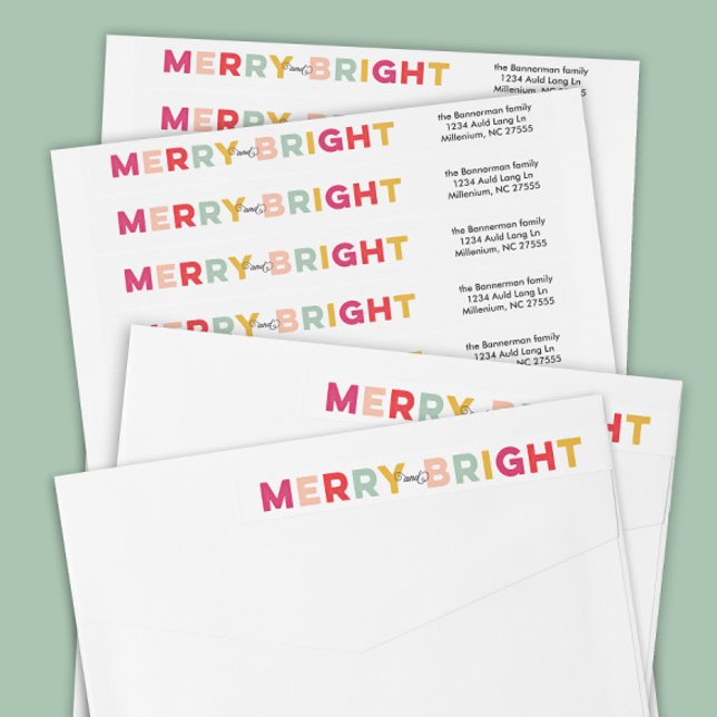 Colourful Merry and Bright Holiday Card Wrap Around Label (merry & bright festive pink Christmas return address wrap around envelope labels)