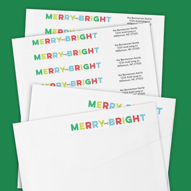 Colourful Merry and Bright Holiday Card Wrap Around Label (merry & bright festive green red blue Christmas return address wrap around envelope labels)