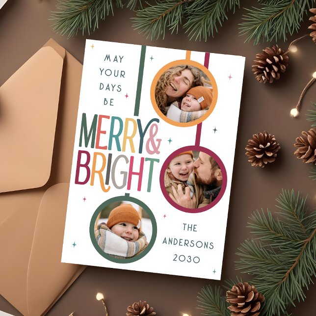 Colourful Merry and Bright Photo Cute Retro Stars Holiday Card (Creator Uploaded)