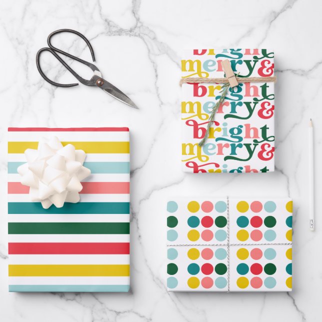 Colourful Merry and Bright Striped Polka Variety 3 Wrapping Paper Sheet (Front)